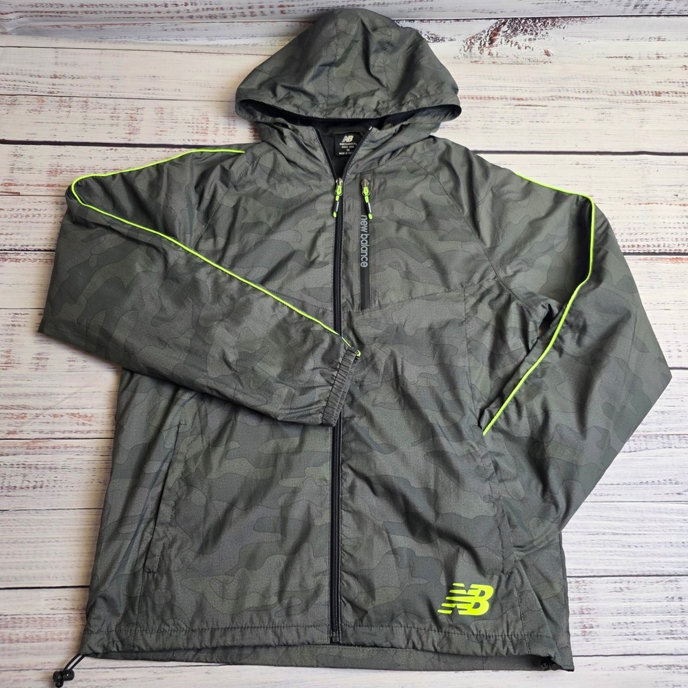 New Balance Mens Medium Camo‎ Windbreaker Jacket Grey Neon Lime Green Hooded
